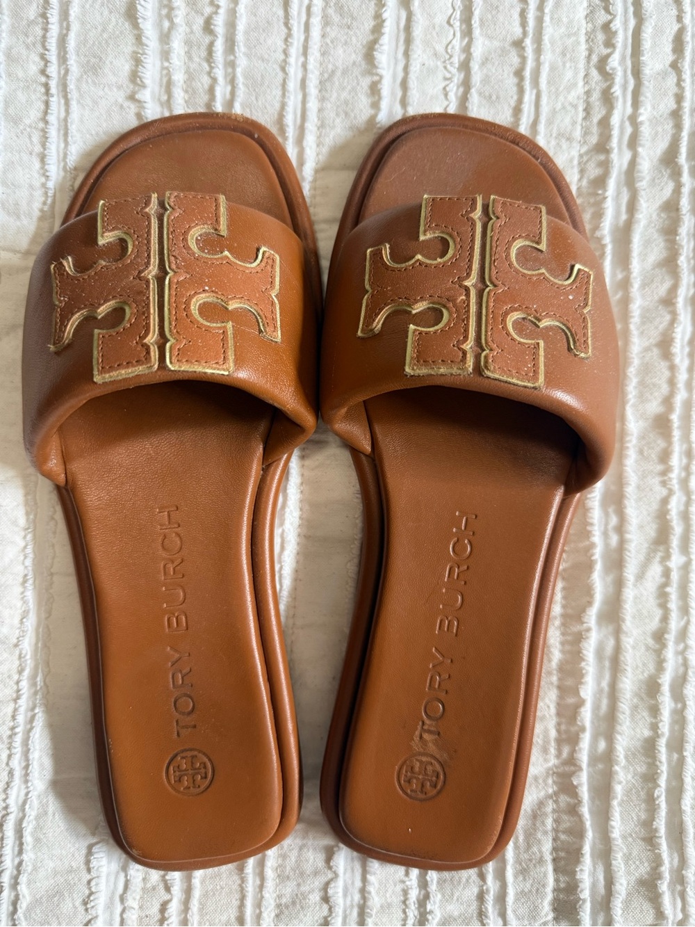 Tory Burch Cognac Leather Logo Slide Sandals
